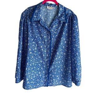 VINTAGE LADY MANHATTAN 80's Blue White‎ Collared Ladies Blouse, 18W